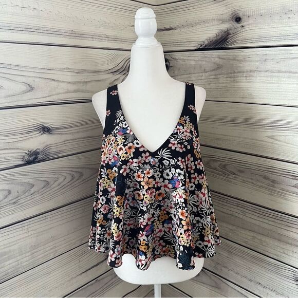 Zara Black Floral V Neck Swing Tank Top - Picture 4 of 10